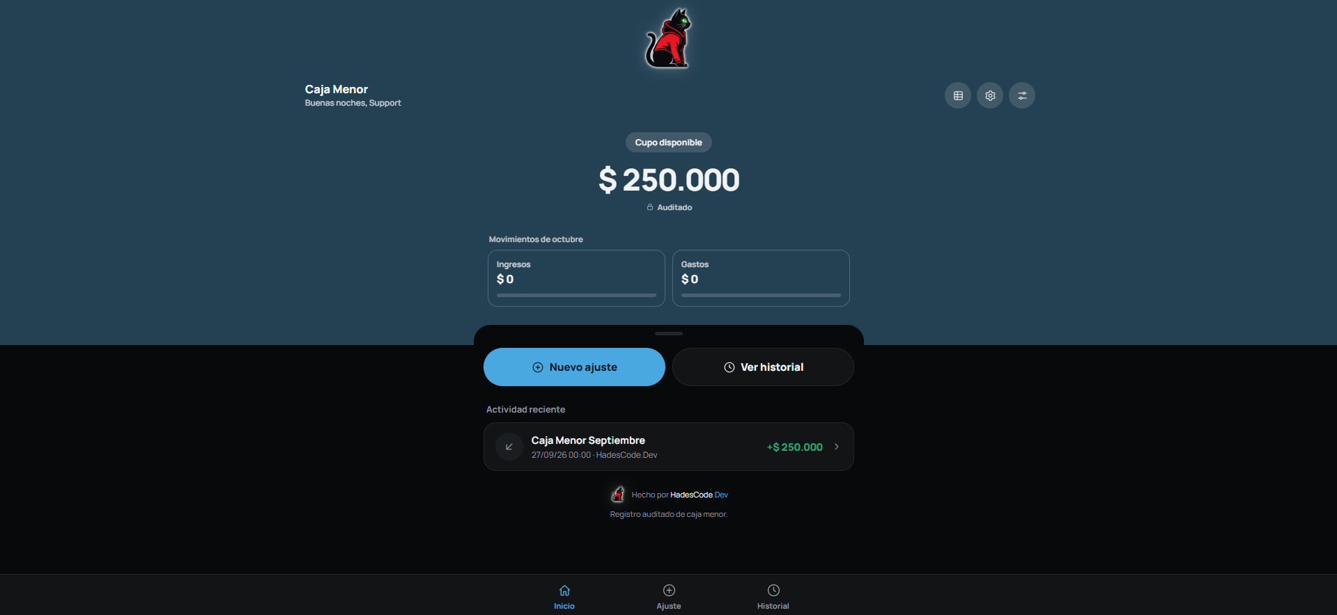 Caja Menor: cupo disponible, ingresos y gastos del mes