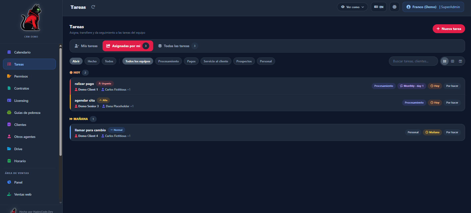 CRM a la medida: tareas del equipo para hoy y mañana, con prioridad y responsable
